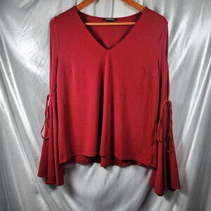 Burgundy/Red Open Tie Long Bell Sleeves V-Neck Top